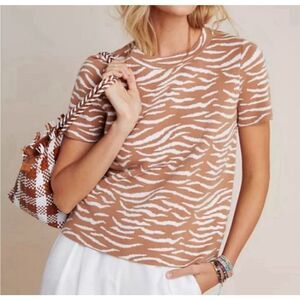 Anthropologie Sweater Womens M Brown Zebra Evanna Short Sleeve Tee Knit Stretch